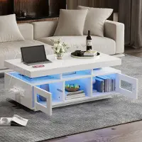 STILVORA Couchtisch mit LED-Beleuchtung durch APP-Steuerung,Sofatisch mit Schrank,Ladeanschluss&Steckdose,Beistelltisch für Büro oder Arbeitszimmer,Hochglanz,weiß