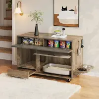 Flieks Sideboard Kommode mobil, Katzentoilettenschrank mit Katzenfuttertellern, entfernbarer Sandablassplatte und Schublade, 100x45.5x67cm, Oak