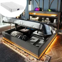 Youjia 160x200cm Polsterbett Doppelbett, Stauraum-Kopfteil mit USB- und Typ-C-Anschlüssen, LED-Beleuchtung am Kopf- und Fußende des Bettes, mit Hydraulischem Stauraum