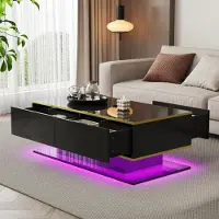 Merax Hochglanzer LED-Couchtisch mit Golddekor, Wohnzimmertisch mit 3 Schubladen und 1 offenes Ablagefach, Esstisch mit goldenen Dekorstreifen,Schwarz
