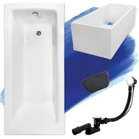 Besco Badewanne Rechteck Set 5in1 170x75 mit Premium Ablaufgarnitur und Füßen GRATIS + Wannenträger + Kopfstütze in Schwarz | BADLAND TALIA