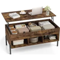 Costway Couchtisch Höhenverstellbar, Beistelltisch mit Tischplatte & 3 Fächern, Wohnzimmertisch aus Holz mit verstecktem Fach, Kaffeetisch, Braun