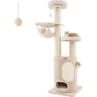 Costway Kratzbaum 187cm Groß, Kletterbaum mit 2-stöckiger Kratztonne, 2 Hängematten, abnehmbarem Bett, Sisalbrett & Spielball, Katzenmöbel Holz Natur