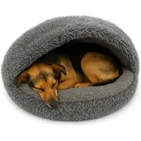 Odol-Plusz Rundes Hundebett und Katzenbett 100cm, Grau, Shaggy Bouclé, Schlafsack-Design, Warmes Höhlenbett, Rutschfester Boden, Maschinenwaschbar