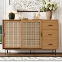 Merax Kommode Anrichte mit 2 Schiebetüren, 3 Schubladen, Verstellbaren Böden, Landhausstil Sideboard für Wohnzimmer Esszimmer, Natur