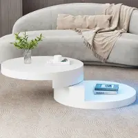 Merax LED-Couchtisch rund 70×70 cm, drehbare Tischplatte, Wohnzimmertisch mit 2 Ebenen und USB 16 Farben, Sofatisch sicher und zylindrisch, modern weiß