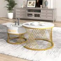 OKWISH Marmoroptik Couchtisch 2er Set, Sofatisch Beistelltisch,70x45cm und 50x38,5 cm, Runde Rattan-Schubladen-Wohnzimmertisch,Weiß