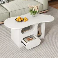 OKWISH wolkenförmiger Couchtisch Sofatisch mit Schubladen und offene Ablagefächern,Beistelltisch aus hochwertige Spanplatte,Weiß