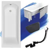 Besco Badewanne Rechteck Set 5in1 140x70 mit Premium Ablaufgarnitur und Füßen GRATIS + Verkleidung (Styropor) + Kopfstütze in Schwarz | BADLAND SHEA