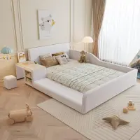 MODFU Kinder-Polsterbett 140x200 Doppelbett mit Lernschreibtisch,Jugendbett mit Hocker und Ablageboden,Kinderbett Bettgestell mit Holzlattenrost und weichem Kopfteil,ohne Matratze,Weiß
