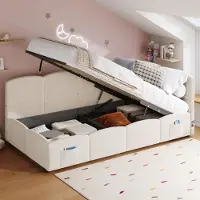 Youjia Polsterbett,Kinderbett, Einzelbett, Stauraumbett, Schlafsofa 90x200 cm, mit Lattenrost, USB-Ladegerät, Stautasche, Jugendbett