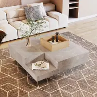 MODFU Couchtisch Wohnzimmertisch mit mit herausnehmbarer Aufbewahrungsbox für Wohnzimmer, Schlafzimmer, Beistelltisch Rechteckiger,Betongrau und Holzfarbe