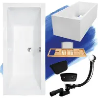 Besco Badewanne Rechteck Set 5in1 170x75 mit Ablaufgarnitur und Füßen GRATIS + Wannenträger + Bambus Holzablage + Kopfstütze in Schwarz | BADLAND QUADRO