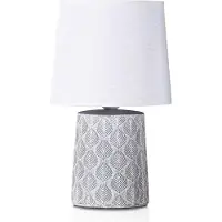 Ed Brubaker Tischlampe Nachttischlampe - 33 cm - Grau - Keramik Lampenfuß - Blatt Ornamente - Leinen Schirm Weiß