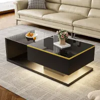 Merax Couchtisch 100x50x32,5cm, LED-Beistelltisch Mit Glasplatte, Wohnzimmer-Tisch Mit Stauraum & Bluetooth Licht, Hochglanz Schwarz