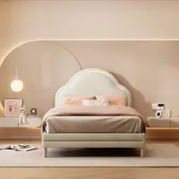 STILVORA Polsterbett 90x200cm, Kinderbett mit Holzlatten, mit mehrfarbigen, wechselnden LED-Streifen, mit einem einzigartigen wolkigen Kopfteil-Design, Samt, Beige