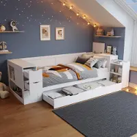 ALFORIGO Kinderbett 90 x 200 cm aus Holz mit Schubladen – Einzelbett mit seitlichem Stauraum und ausziehbarem Nachttisch; Stauraumbett in der Farbe Weiß