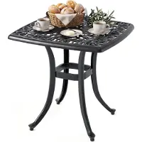 Costway Gartentisch aus Aluminiumguss, wetterfester Balkontisch mit Schirmloch & verstellbaren Fußpolstern, quadratischer Beistelltisch 54x54x53cm