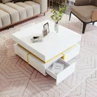 OKWISH Couchtisch quadratischer, Hochglanz Beistelltisch für Schlafzimmer, Wohnzimmertische mit Stauraum fürs Wohnzimmer, Beistelltisch mit Schubladen und goldenen Akzenten, Weiß