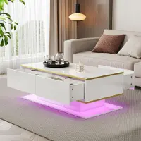 Merax Hochglanzer LED-Couchtisch mit Golddekor, Wohnzimmertisch mit 3 Schubladen und 1 offenes Ablagefach, Esstisch mit goldenen Dekorstreifen,Weiß