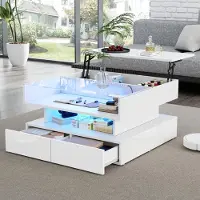 Merax Hydraulischer Couchtisch mit Anhebbare Tischplatte, Wohnzimmertisch mit LED-Beleuchtung per App, Glasoberfläche, 2 Schubladen, Weiß