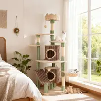 Costway Kratzbaum Groß, 163 cm Katzenbaum mit 2 Katzenhöhlen, Basis, Rutschplattform, Sisalpfosten, Korb&Ball, Katzenkratzbaum Holz, Grün+Braun