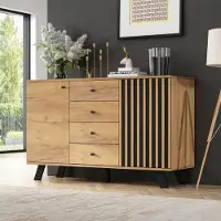 Merax Sideboard 120×38×75cm mit Massivholzbeine, Kommode mit 4 Schubladen und 2 Schränken, Holzoptik mit schwarzem Akzent, Wohnzimmer Esszimmer Flur