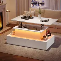MODFU LED-Couchtisch Hochglanz,Wohnzimmertisch höhenverstellbar,Sofatisch mit 4 Schubladen,moderner Kaffeetisch Beistelltisch,Weiß,90×55×54cm