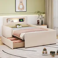 ALFORIGO Polsterbett 90x200 cm Kinderbett mit Nachtlicht, USB-Ladeanschluss, Schubladen, erhöhten Seitenteilen und 12 Latten, Kunstleder, Beige