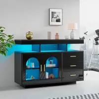 Merax Kommode Sideboard mit Hochglanzfront, Kommode mit 3 Schubladen und 2 Türen, Buffet Anrichte inkl. LED, Schwarz