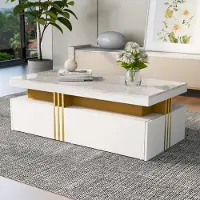 MODFU Couchtische Hochglanz Kaffeetisch Sofatisch mit 2 Holzschubladen,Wohnzimmertisch Beistelltisch mit marmorierte Tischplatte,Weiß