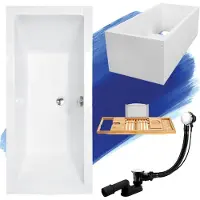 Besco Badewanne Rechteck Set 5in1 170x75 mit Premium Ablaufgarnitur und Füßen GRATIS + Wannenträger + Bambus Holzablage | BADLAND QUADRO