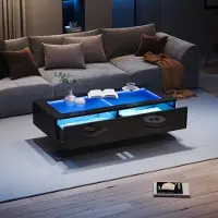 Merax Couchtisch 100x50x35 cm mit 2 Schubladen Hochglanz, Beistelltisch mit LED-Beleuchtung steuerbar per App, gehärtete Glasplatte, bis 45 kg Schwarz