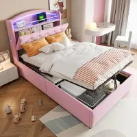 MODFU Polsterbett 90x200 mit Matratze,Kinderbett mit LED & USB,Jugendbett mit Lattenrost & Stauraum,Rosa