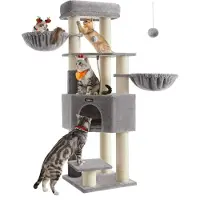 Feandrea Kratzbaum mit selbstheizenden Decken, für große Katzen, Kratzbaum, 2 Katzenbürsten, 9 dicke Stämme von 11,1 cm Durchmesser,