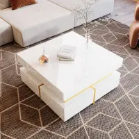 LVHOM Couchtisch hochglanz mit Schubladen, Beistelltisch Scandi, Wohnzimmertisch Holz, 70x70x35,5cm, Weiß