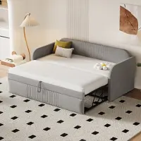 Merax Tagesbett 90x190cm/180x190cm Ausziehbett, Erweiterbares Schlafsofa mit Lattenrost und Armlehnen, Leinen Polsterbett Kinderbett Sofabett Hellgrau