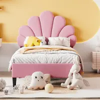 STILVORA Polsterbett 90x200 Kinderbett aus Samtstoff,Bettgestell mit Kopfteil in Blumenform,Jugendbett mit Lattenrost,ohne Matratze,Rosa