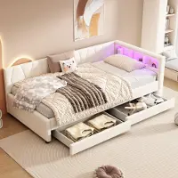 UnboxG Tagesbett/Schlafsofa 90×200cm (beige, Leinen): Staufach, USB+Typ C, ferngesteuerte LED-Beleuchtung, 2 Schubladen, Lattenrost.
