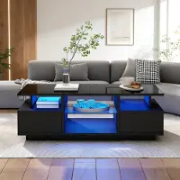 Merax Hochglänzender Couchtisch mit 2 Schubladen und LED-Beleuchtung, Wohnzimmertisch mit Glasablagen, Multifunktional Beistelltisch aus MDF, Schwarz