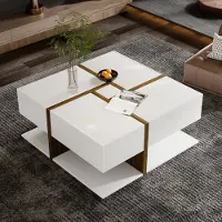 OKWISH Wohnzimmer-Couchtisch 78*78*34.8cm, Couchtisch mit Stauraum unten, mit Barfunktion, einzigartiges Farbliniendesign (weiß&holzfarbe)