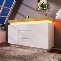 Flieks Kommode Sideboard mit LED, Wohnzimmerschrank mit 3 Schubladen und 2 Türen, Schubladenkommode mit Verstellbarer Ablage, Weiß