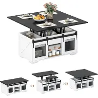 Costway Couchtisch mit Tischplatte, 105 cm Landhaus-Center-Tisch mit 2 Schiebetüren im Scheunenstil, Regalen & 3 Fächern, 3 in 1 Esstisch, Schwarz