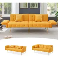 OKWISH Sofa 2-Sitzer mit verstellbarer Rückenlehne,Schlaffunktion, Relaxsofa mit Armlehnen,Schlafsofa für kleine Wohnungen,Gelb