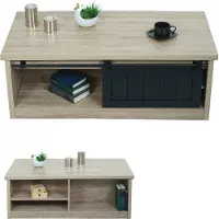 Mendler Couchtisch HWC-K75, Beistelltisch Wohnzimmertisch, Schiebetüre 6 Staufächer, Holz-Optik Metall 44x120x60cm naturfarben