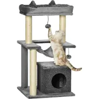 Fortuna Lai Katzenbaum 90 cm Kratzbaum mit Hängematte Spielbaum Katzenhöhle Plattformen Kletterbaum Katzenkratzbaum Aktivitätskratzbäum Plüsch Sisal Grau
