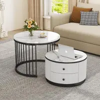 Merax 2-teiliges Couchtisch-Set Weiß in Nestform, runde Wohnzimmertisch mit Hochglanz-Marmoroptik und 2 Schubladen, Schwarz