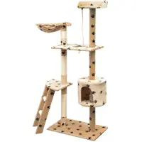 Syfax Katzen-Kratzbaum Sisal 150 cm Beige mit Pfoten-Aufdruck