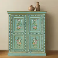 Otto Home Highboard "Prem", bunt (grün, bunt), B:87cm H:100cm T:38cm, Massivholz, Sideboards, Highboard, mit dekorativen Fräsungen, handbemalt, Unika-Möbel, Breite 87 cm