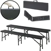 En.casa Klappbank-Set 'Mark' 2-tlg. Metallgestell 180 x 25 x 43 cm Rattanoptik Schwarz